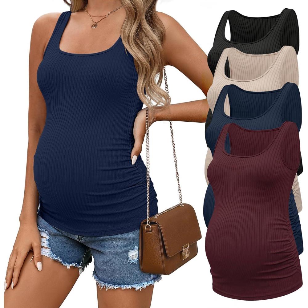 imageEkouaer 4 Pack Maternity Tank Tops Ribbed Summer Pregnancy Shirts Ruch Side Tops Casual Square Neck Postpartum Clothes S2XLBlackLight KhakiDark RedNavy Blue