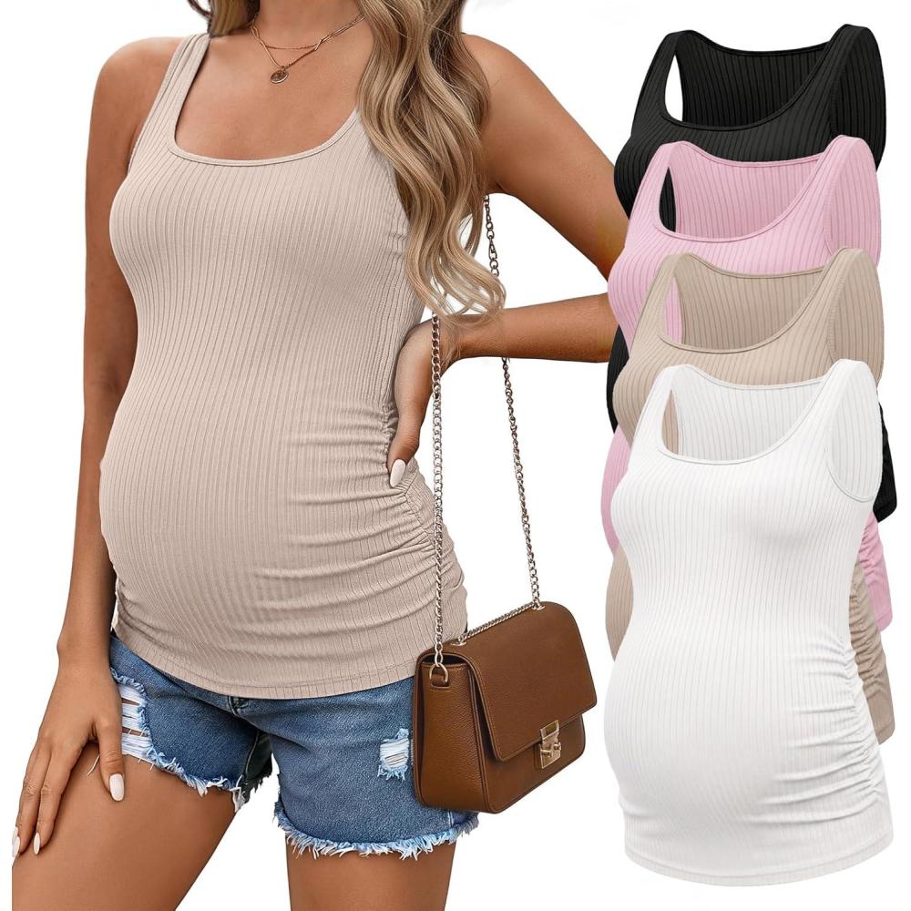 imageEkouaer 4 Pack Maternity Tank Tops Ribbed Summer Pregnancy Shirts Ruch Side Tops Casual Square Neck Postpartum Clothes S2XLBlackLight KhakiPinkWhite