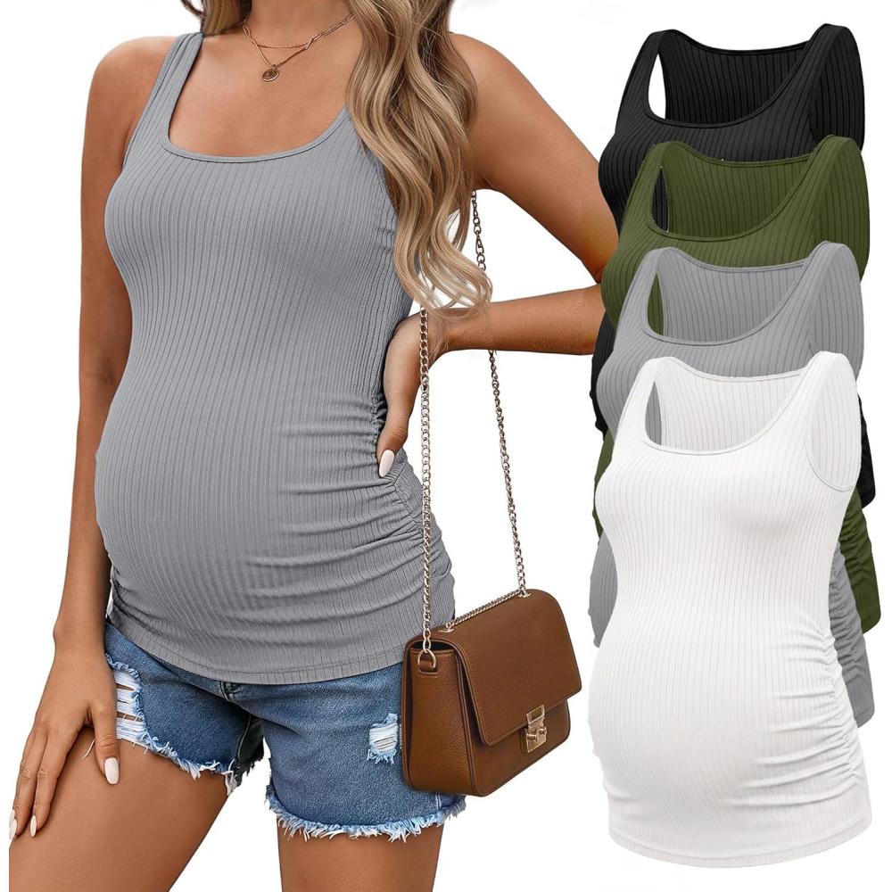 imageEkouaer 4 Pack Maternity Tank Tops Ribbed Summer Pregnancy Shirts Ruch Side Tops Casual Square Neck Postpartum Clothes S2XLBlackOlive GreenLight GreyWhite