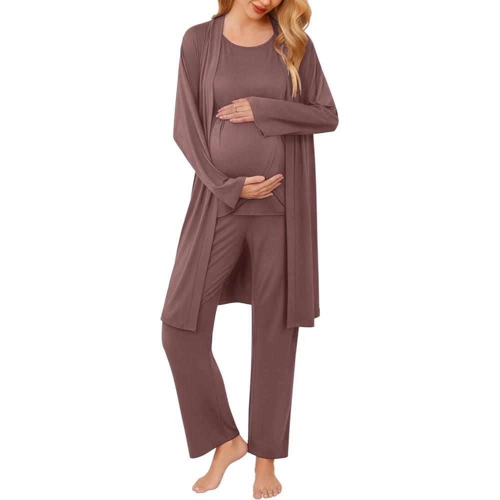 imageEkouaer Maternity Nursing Robe Set 3 Pieces Sleeveless Top Pregnancy Pants amp Robe Double Layer Pajamas SXXLBrown