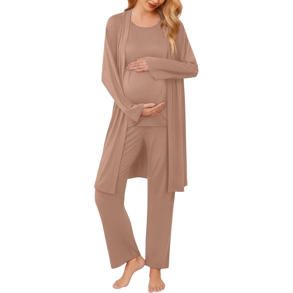 imageEkouaer Maternity Nursing Robe Set 3 Pieces Sleeveless Top Pregnancy Pants amp Robe Double Layer Pajamas SXXLKhaki