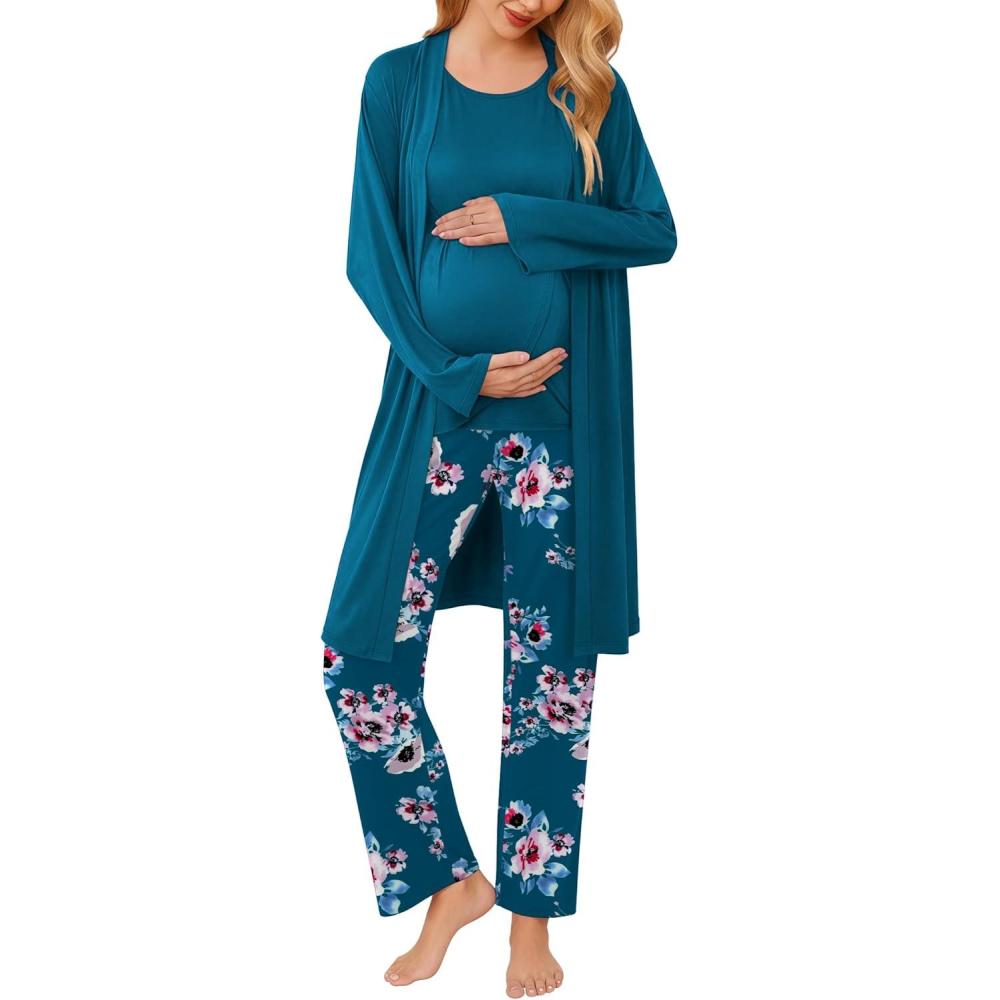 imageEkouaer Maternity Nursing Robe Set 3 Pieces Sleeveless Top Pregnancy Pants amp Robe Double Layer Pajamas SXXLLake Blue