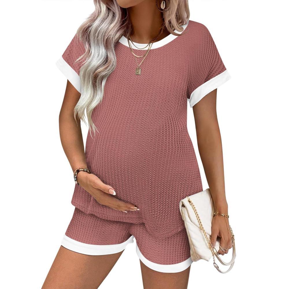 imageEkouaer Maternity Pajamas 2 Piece Outfits Waffle Knit Short Sleeve Tops and Shorts Loungewear Set Pregnancy ClothesBurgundy