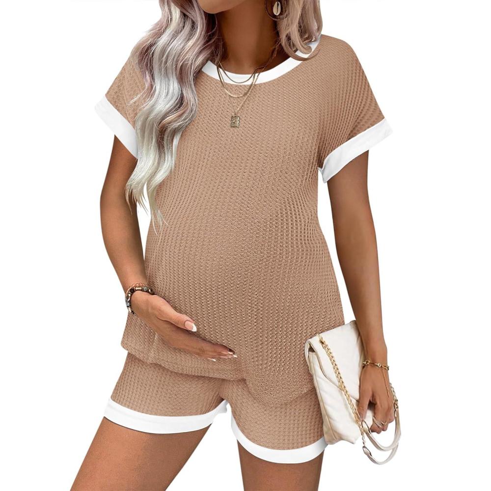 imageEkouaer Maternity Pajamas 2 Piece Outfits Waffle Knit Short Sleeve Tops and Shorts Loungewear Set Pregnancy ClothesLight Khaki