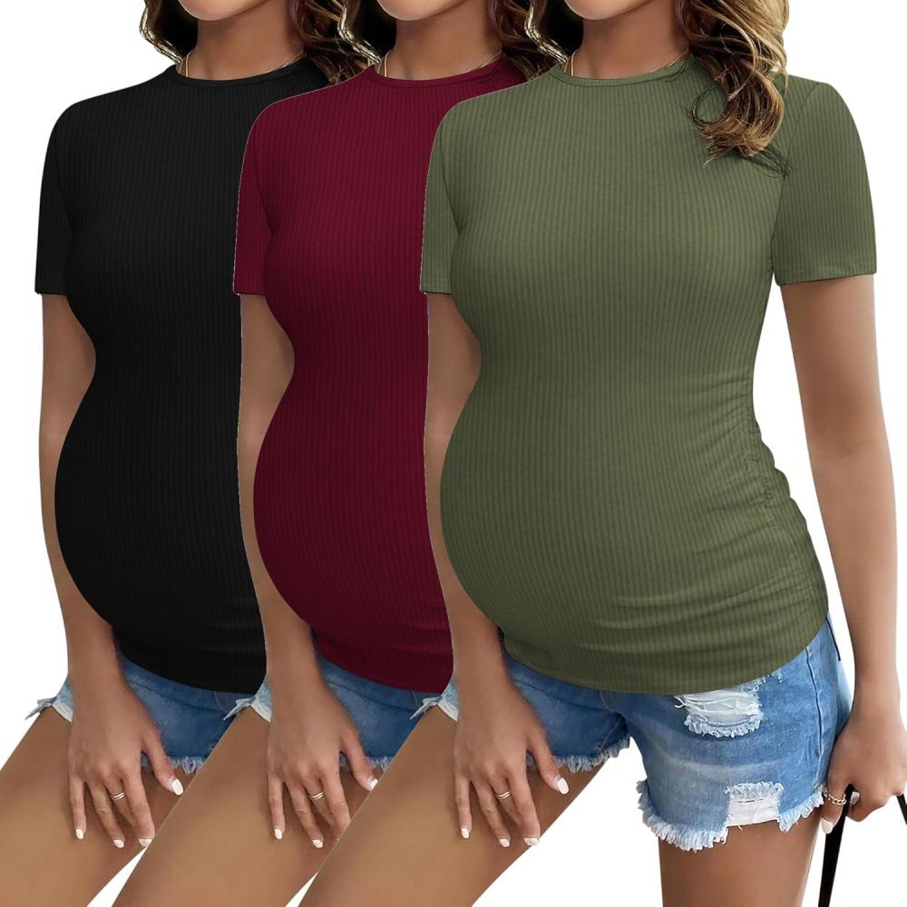 imageEkouaer Maternity Shirts Womens 3 Packs Short Sleeve Ribbed Pregnancy Tops Side Ruched Crew Neck Tunic Mama Clothes SXXL3pcs Black Burgundy Red Army Green