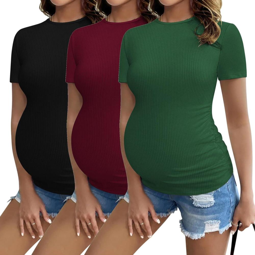 imageEkouaer Maternity Shirts Womens 3 Packs Short Sleeve Ribbed Pregnancy Tops Side Ruched Crew Neck Tunic Mama Clothes SXXL3pcs Black Burgundy Red Dark Green