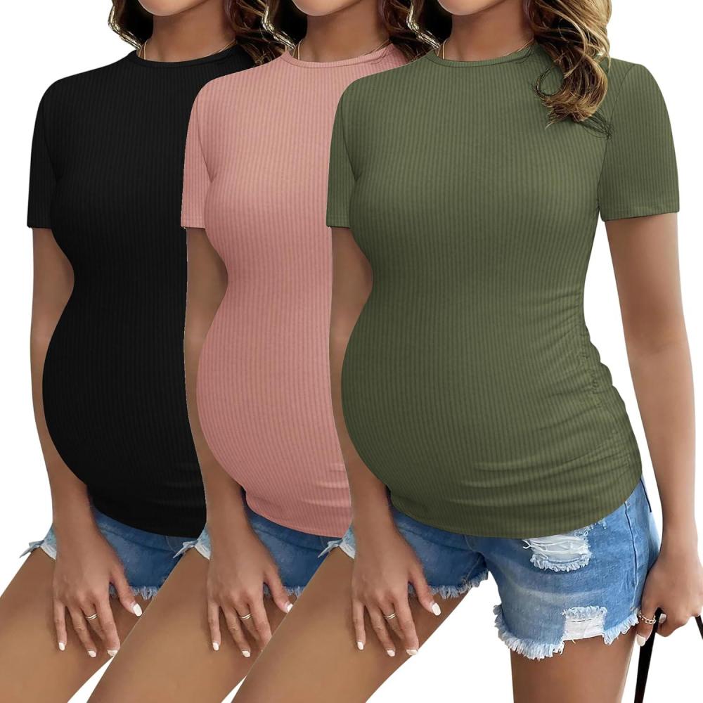 imageEkouaer Maternity Shirts Womens 3 Packs Short Sleeve Ribbed Pregnancy Tops Side Ruched Crew Neck Tunic Mama Clothes SXXL3pcs Black Dirty Pink Army Green