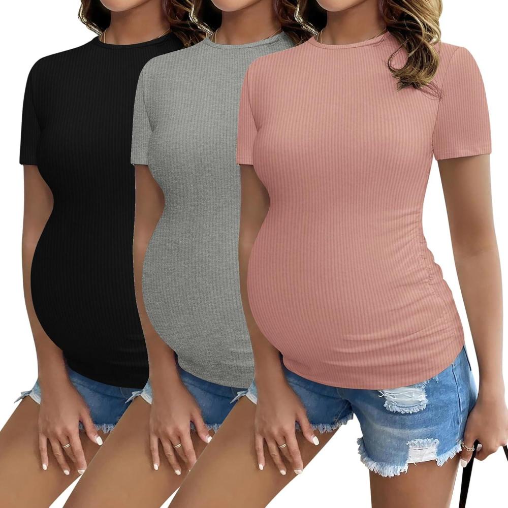 imageEkouaer Maternity Shirts Womens 3 Packs Short Sleeve Ribbed Pregnancy Tops Side Ruched Crew Neck Tunic Mama Clothes SXXL3pcs Black Grey Dirty Pink