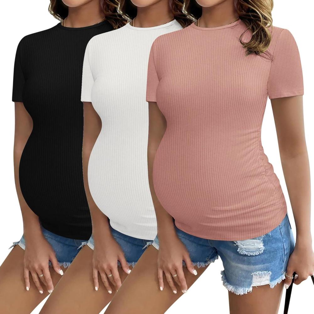 imageEkouaer Maternity Shirts Womens 3 Packs Short Sleeve Ribbed Pregnancy Tops Side Ruched Crew Neck Tunic Mama Clothes SXXL3pcs Black White Dirty Pink