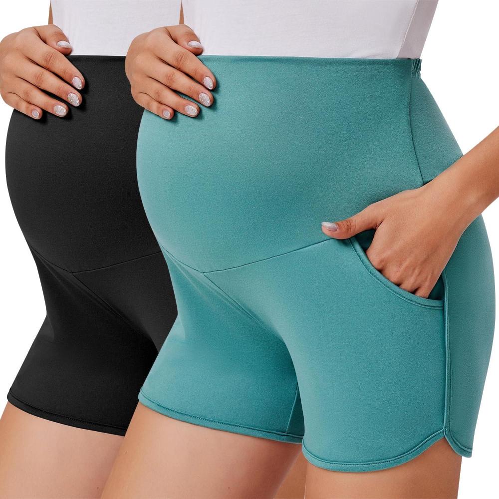 imageEkouaer Maternity Shorts Over The Belly Pregnancy Lounge Summer Workout Pajama Sleep Shorts with PocketsBlackGreen