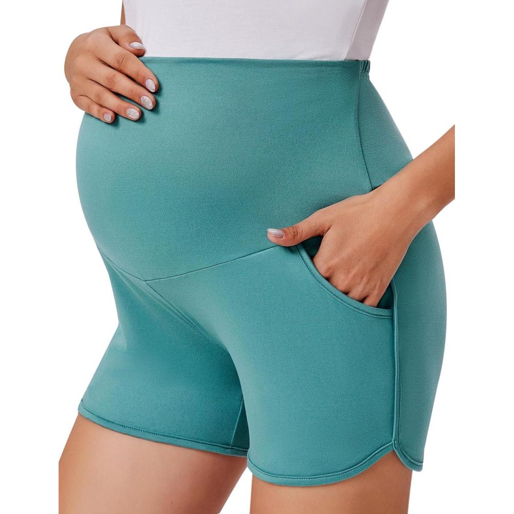 imageEkouaer Maternity Shorts Over The Belly Pregnancy Lounge Summer Workout Pajama Sleep Shorts with PocketsGreen