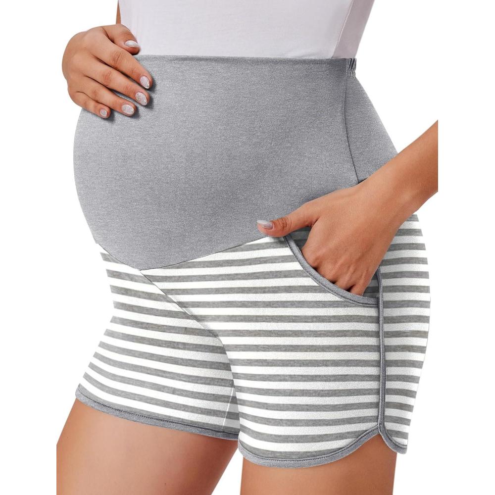 imageEkouaer Maternity Shorts Over The Belly Pregnancy Lounge Summer Workout Pajama Sleep Shorts with PocketsHeather Grey White Stripe