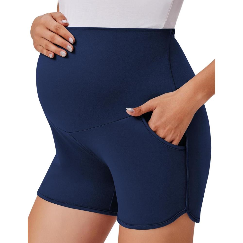 imageEkouaer Maternity Shorts Over The Belly Pregnancy Lounge Summer Workout Pajama Sleep Shorts with PocketsNavy Blue