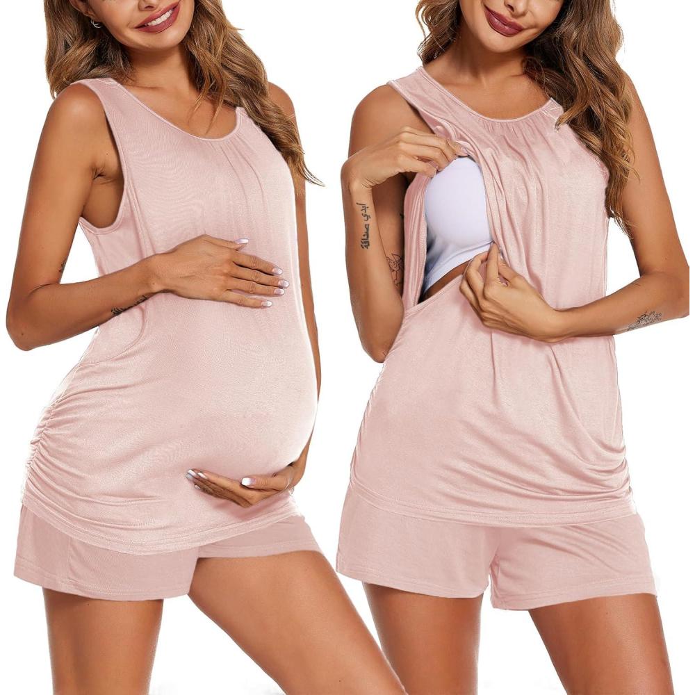 imageEkouaer Women Maternity Nursing Pajama Set Breastfeeding Double Layer Pregnancy Pjs Set Sleeveless Top amp Shorts with PocketsPink