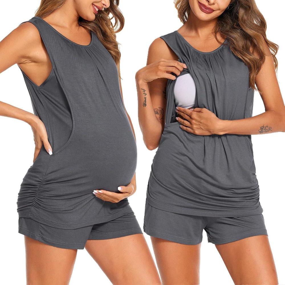 imageEkouaer Women Maternity Nursing Pajama Set Breastfeeding Double Layer Pregnancy Pjs Set Sleeveless Top amp Shorts with PocketsSdark Grey