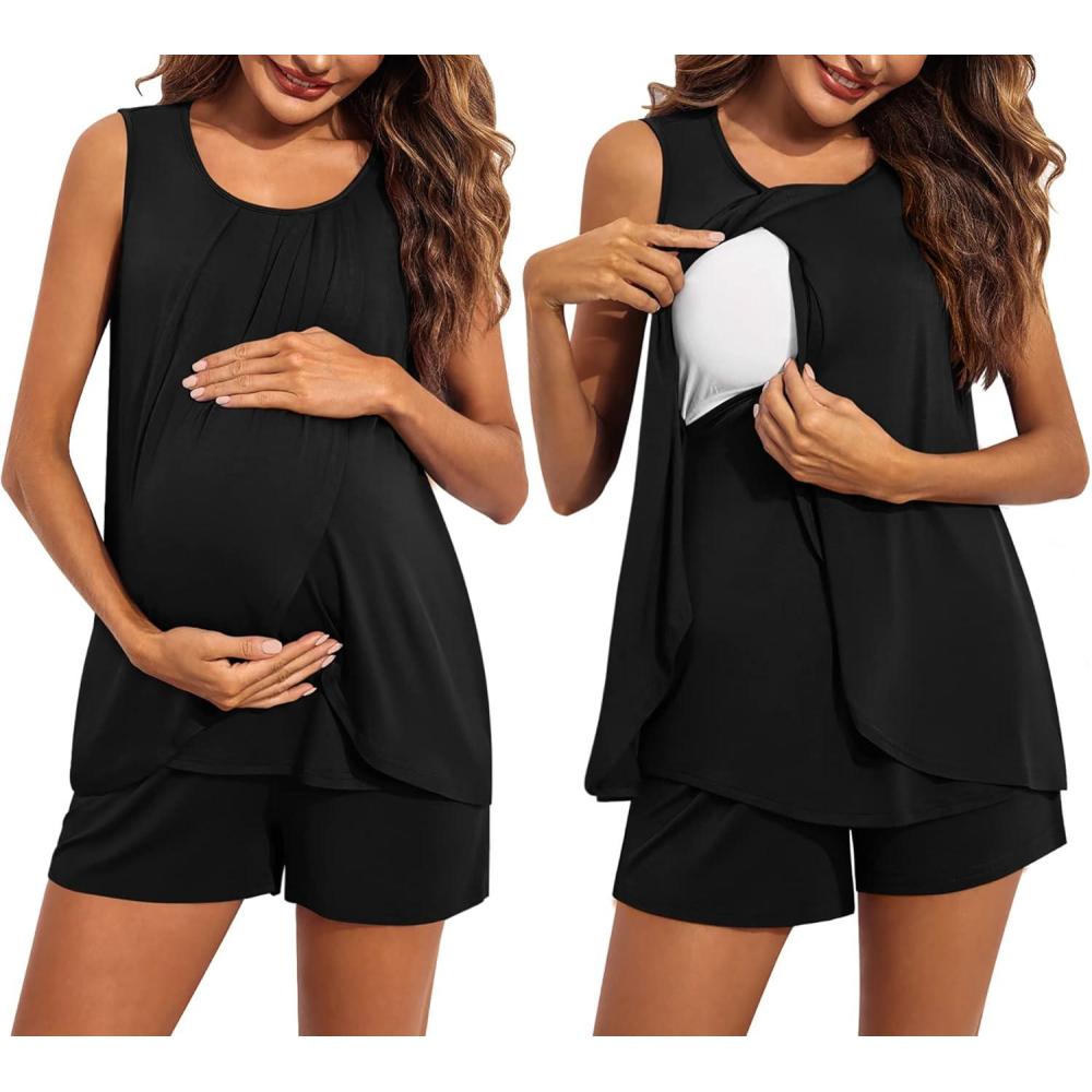 imageEkouaer Women Maternity Nursing Pajama Set Breastfeeding Sleepwear Double Layer Sleeveless Top amp Shorts Pregnancy PJSA01black