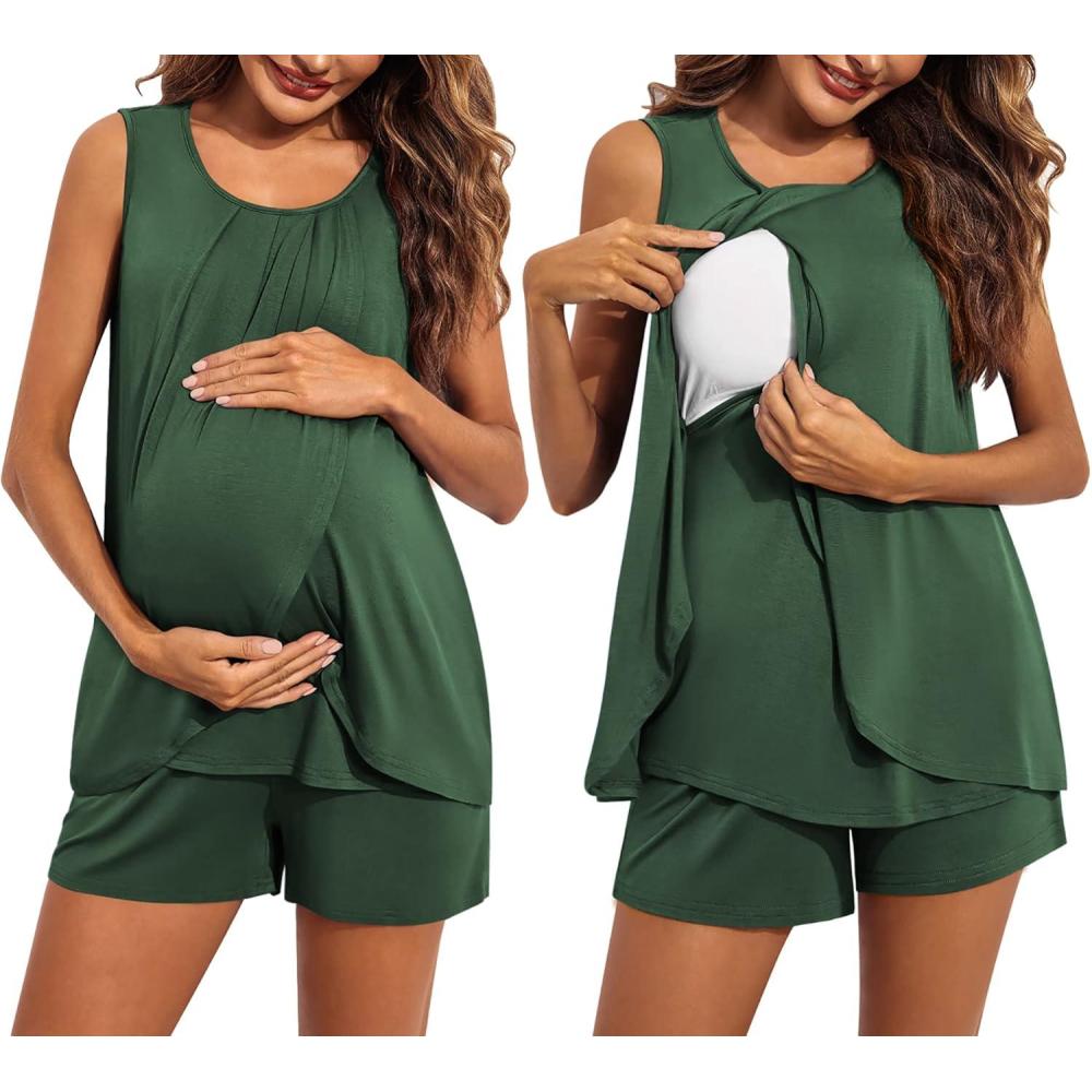 imageEkouaer Women Maternity Nursing Pajama Set Breastfeeding Sleepwear Double Layer Sleeveless Top amp Shorts Pregnancy PJSA02green