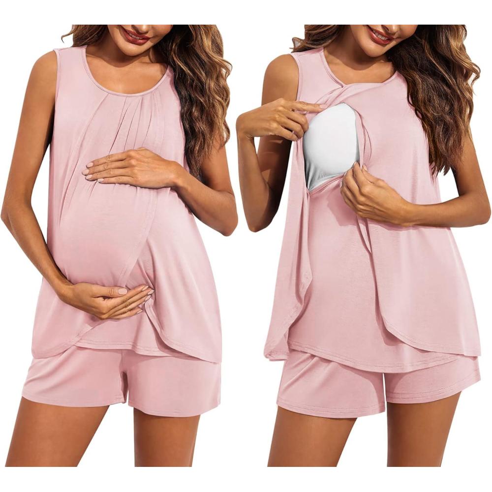 imageEkouaer Women Maternity Nursing Pajama Set Breastfeeding Sleepwear Double Layer Sleeveless Top amp Shorts Pregnancy PJSA04pink