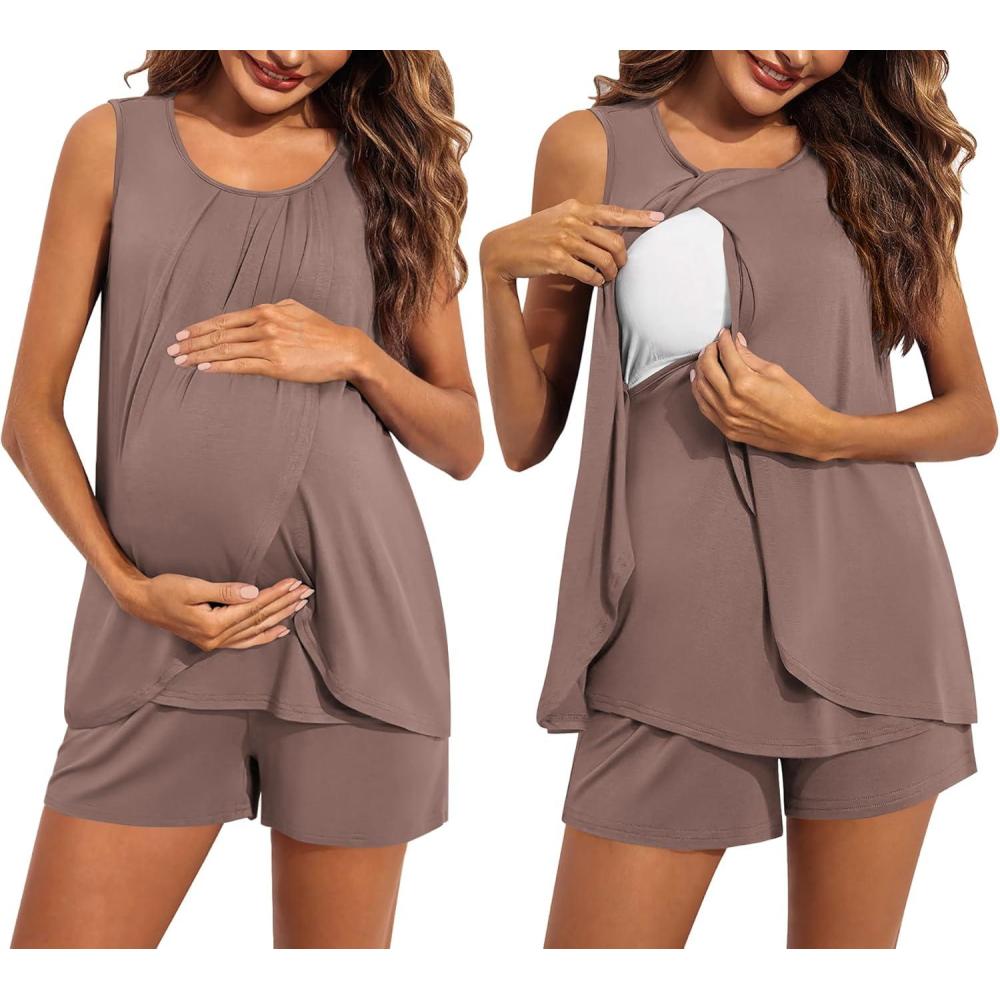imageEkouaer Women Maternity Nursing Pajama Set Breastfeeding Sleepwear Double Layer Sleeveless Top amp Shorts Pregnancy PJSBrown