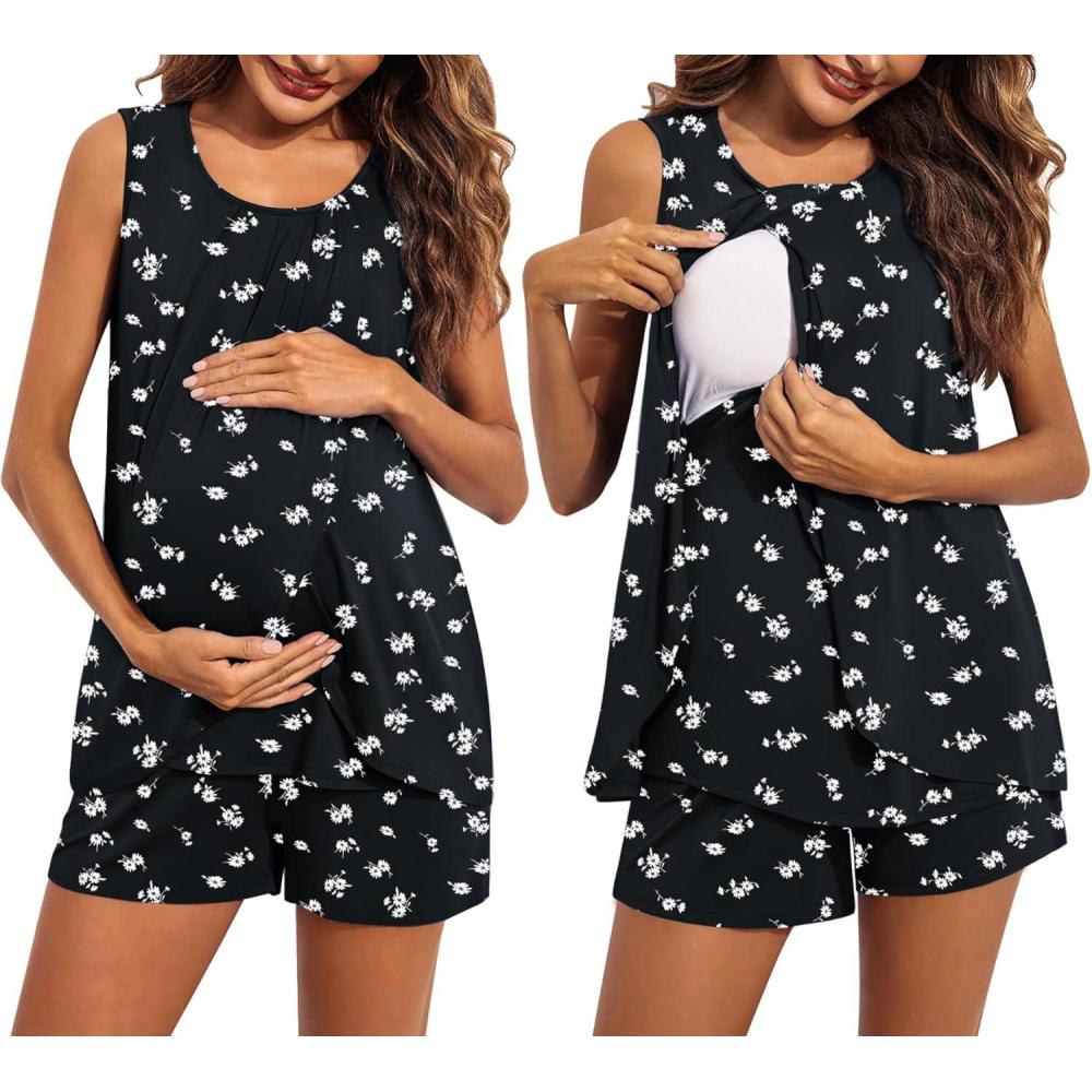 imageEkouaer Women Maternity Nursing Pajama Set Breastfeeding Sleepwear Double Layer Sleeveless Top amp Shorts Pregnancy PJSFloral Black