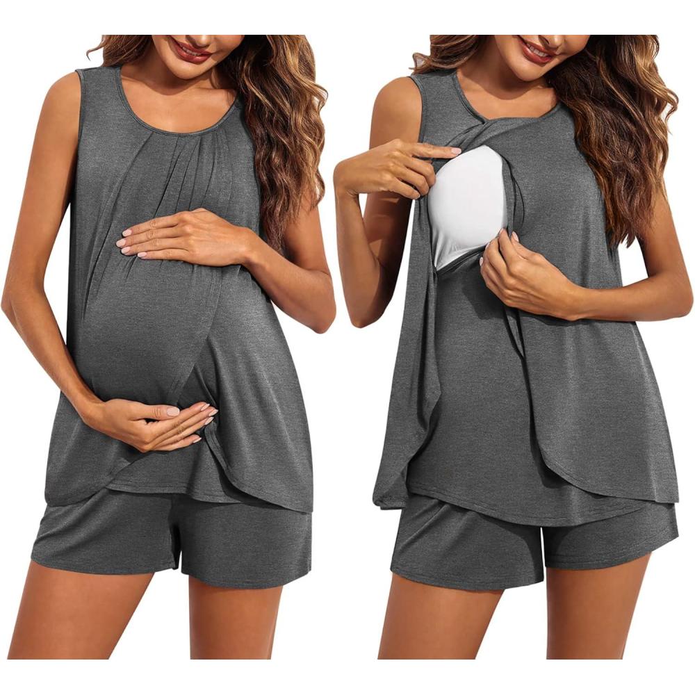 imageEkouaer Women Maternity Nursing Pajama Set Breastfeeding Sleepwear Double Layer Sleeveless Top amp Shorts Pregnancy PJSGrey1