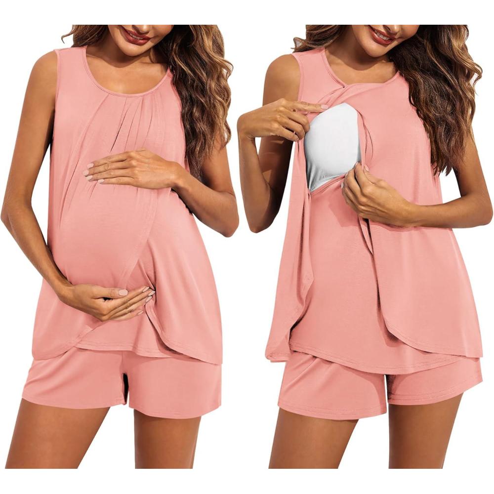 imageEkouaer Women Maternity Nursing Pajama Set Breastfeeding Sleepwear Double Layer Sleeveless Top amp Shorts Pregnancy PJSOrange Pink