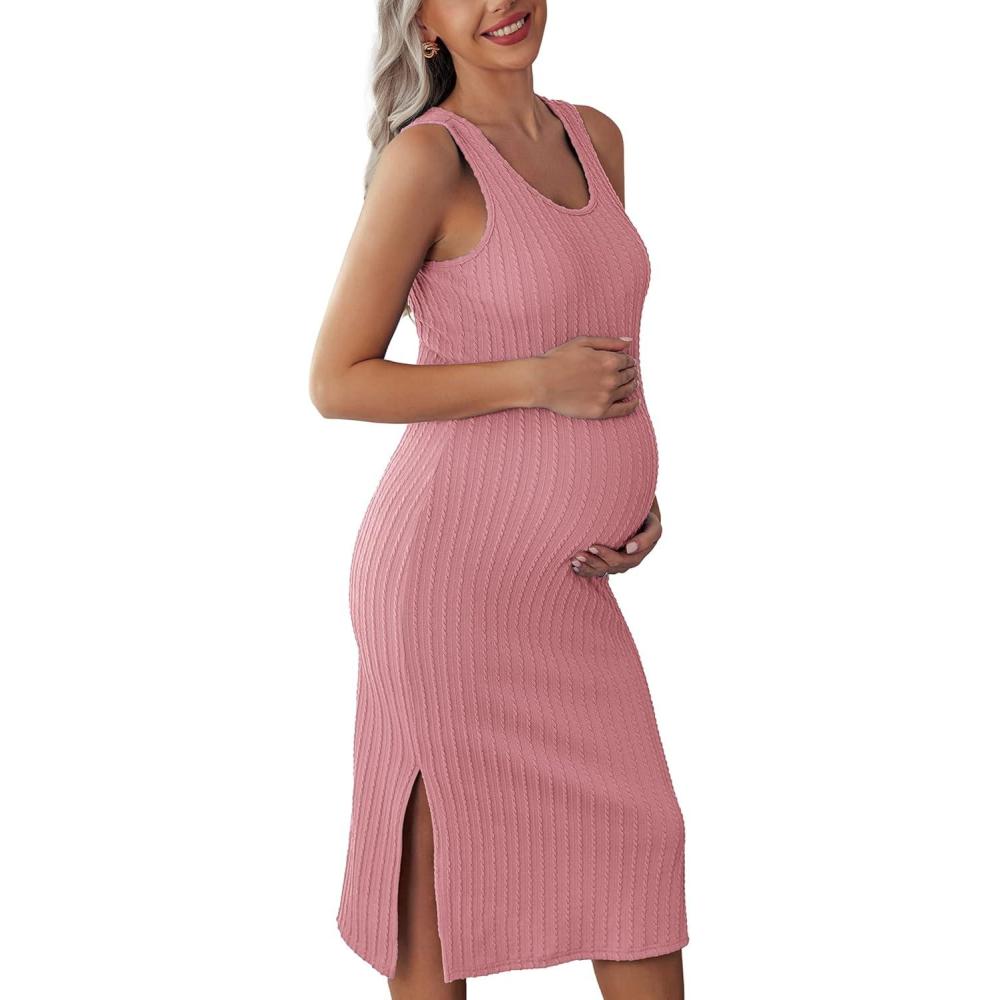 imageEkouaer Womens Maternity Dress Rib Knit Sleeveless Tank Side Slit Bodycon Dresses Pregnancy Clothes SXXLMisty Rose