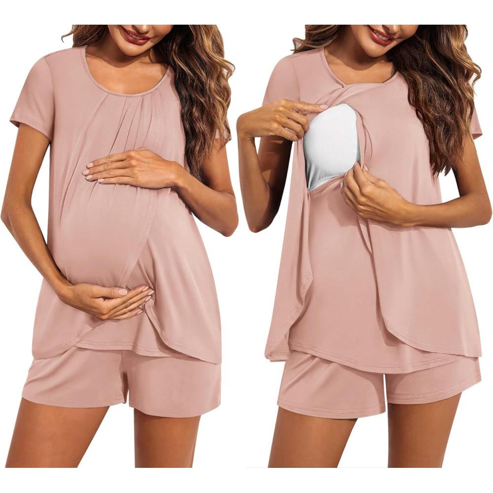 imageEkouaer Womens Maternity Nursing Pajamas Set Breastfeeding Sleepwear Double Layer Short Sleeve Top amp Shorts Nursing PjsApink