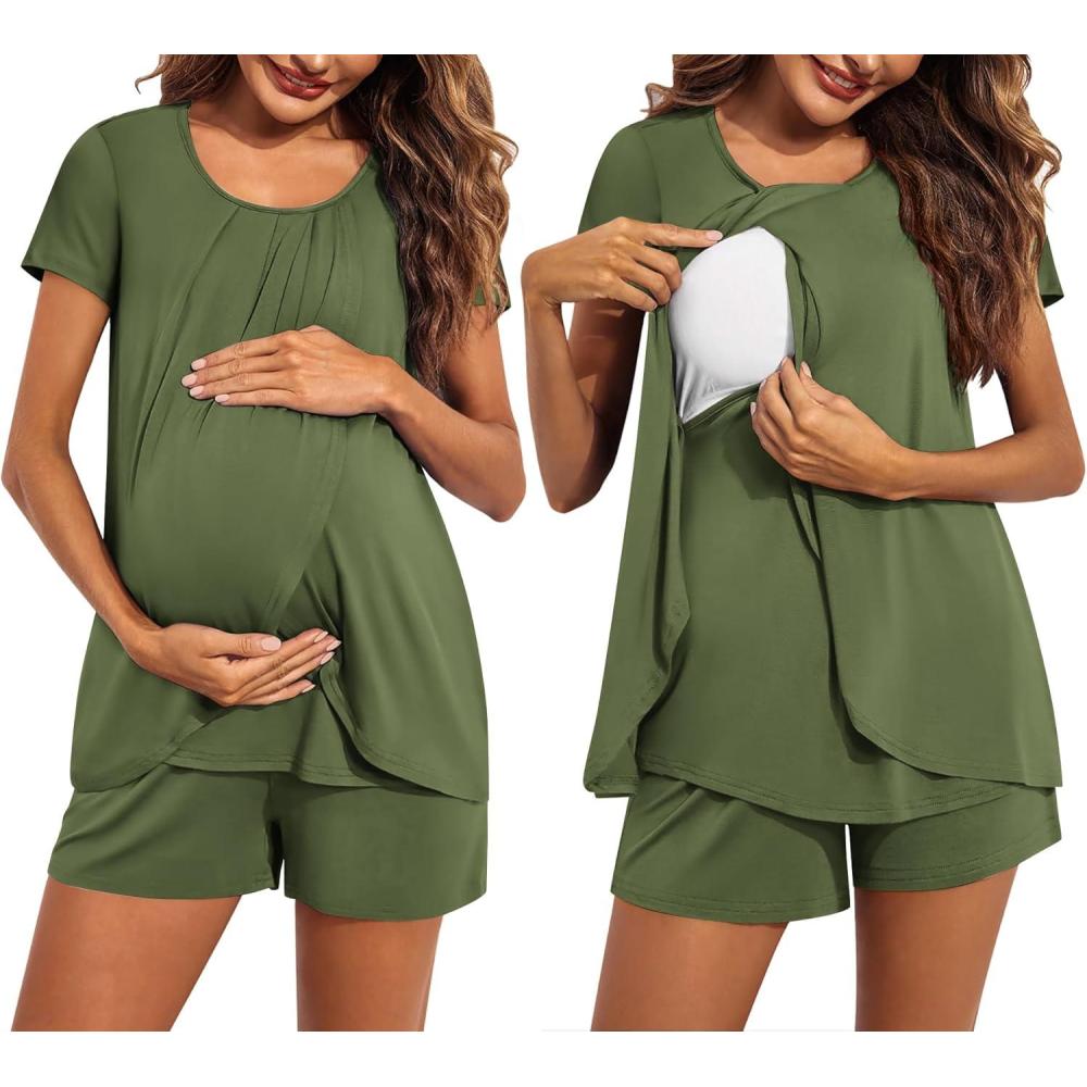 imageEkouaer Womens Maternity Nursing Pajamas Set Breastfeeding Sleepwear Double Layer Short Sleeve Top amp Shorts Nursing PjsArmy Green