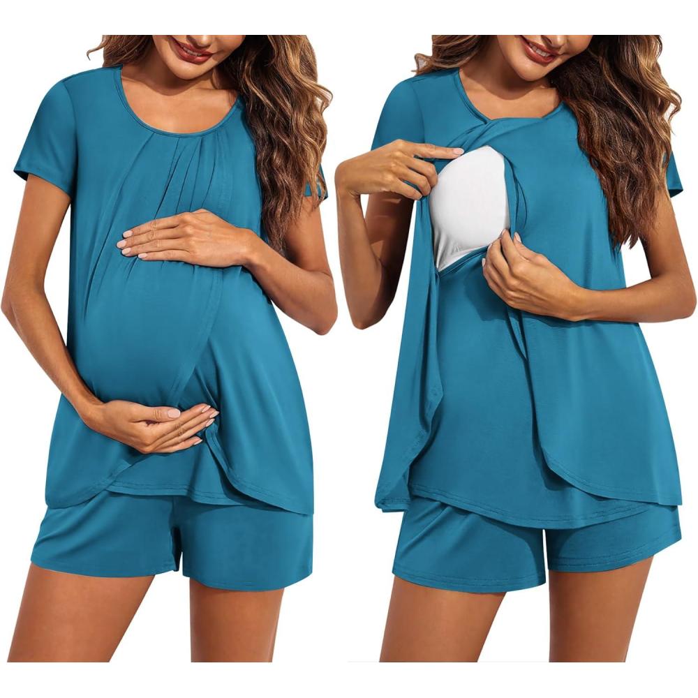 imageEkouaer Womens Maternity Nursing Pajamas Set Breastfeeding Sleepwear Double Layer Short Sleeve Top amp Shorts Nursing PjsBlue
