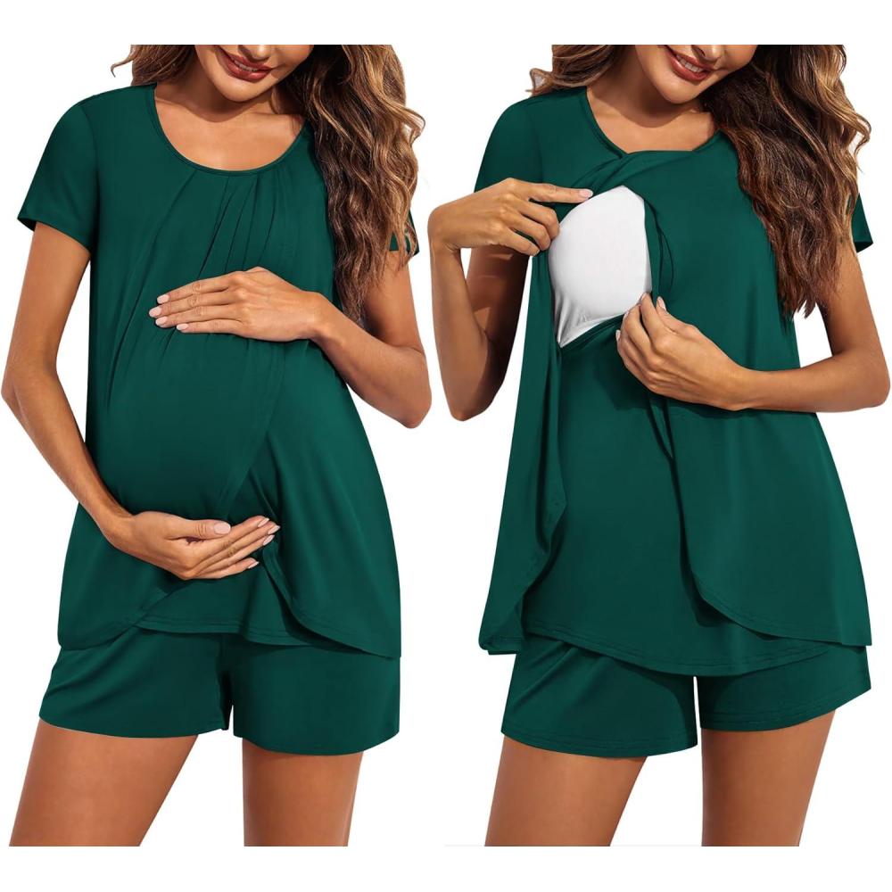 imageEkouaer Womens Maternity Nursing Pajamas Set Breastfeeding Sleepwear Double Layer Short Sleeve Top amp Shorts Nursing PjsGreen