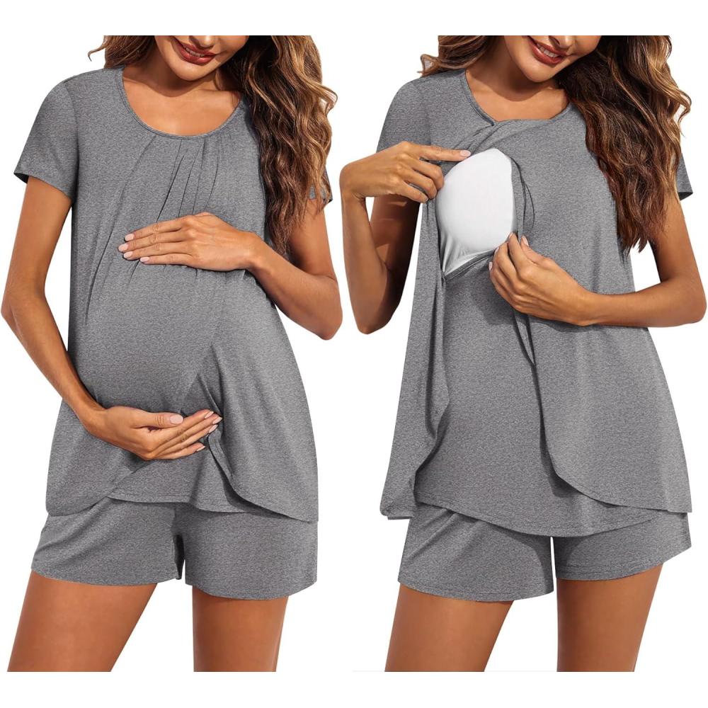 imageEkouaer Womens Maternity Nursing Pajamas Set Breastfeeding Sleepwear Double Layer Short Sleeve Top amp Shorts Nursing PjsGrey