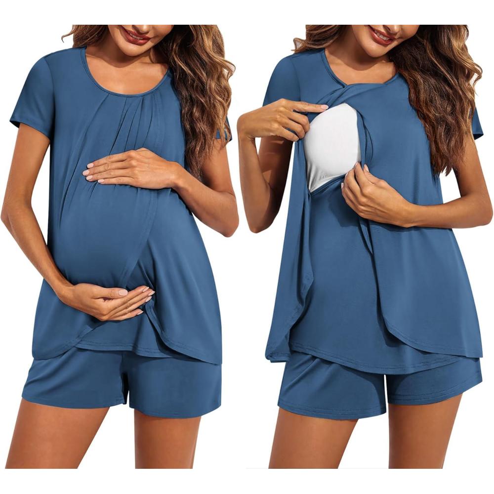 imageEkouaer Womens Maternity Nursing Pajamas Set Breastfeeding Sleepwear Double Layer Short Sleeve Top amp Shorts Nursing PjsNavy