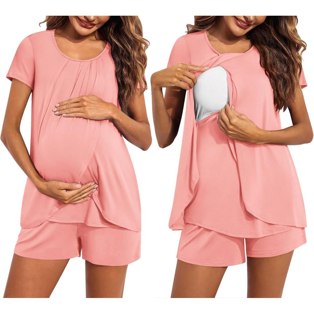 imageEkouaer Womens Maternity Nursing Pajamas Set Breastfeeding Sleepwear Double Layer Short Sleeve Top amp Shorts Nursing PjsOrange Pink