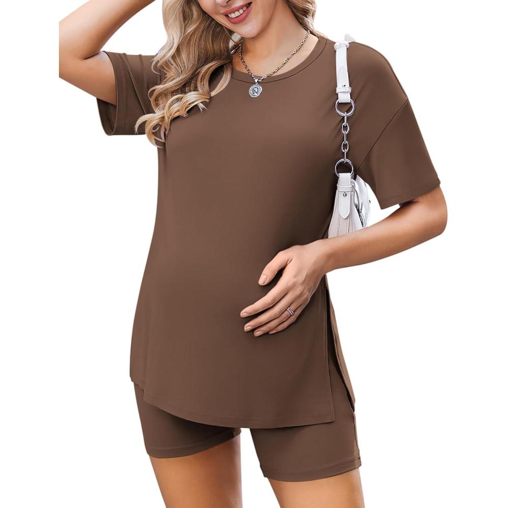 imageEkouaer Womens Maternity Pajamas Sets 2 Piece Outfits Short Sleeve Shirts and Biker Shorts Pregnancy Loungewear Mama ClothesBrown