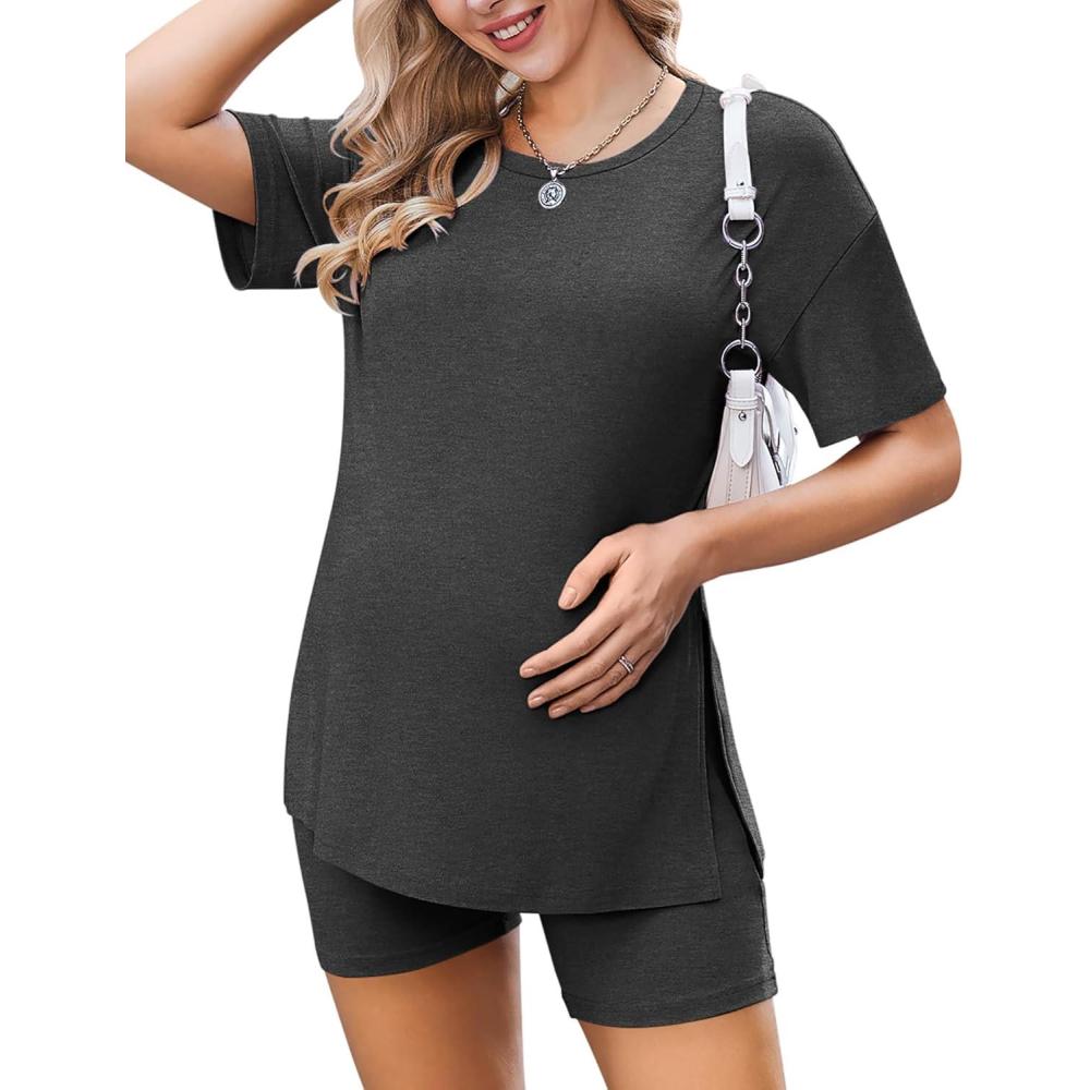 imageEkouaer Womens Maternity Pajamas Sets 2 Piece Outfits Short Sleeve Shirts and Biker Shorts Pregnancy Loungewear Mama ClothesDark Grey