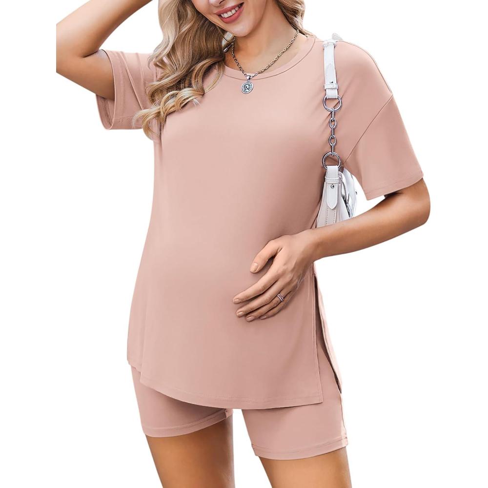 imageEkouaer Womens Maternity Pajamas Sets 2 Piece Outfits Short Sleeve Shirts and Biker Shorts Pregnancy Loungewear Mama ClothesDirty Pink
