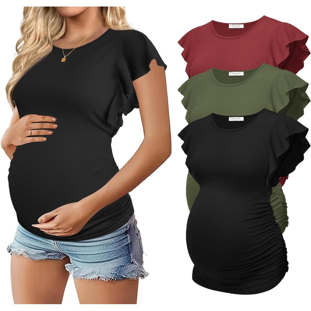 imageEkouaer Womens Maternity Shirts 3 Packs Flying Short Sleeve Pregnancy Tops Side Ruched Tunic Blouse Mama Clothes SXXLBlack  Army Green  Wine Red3pcs