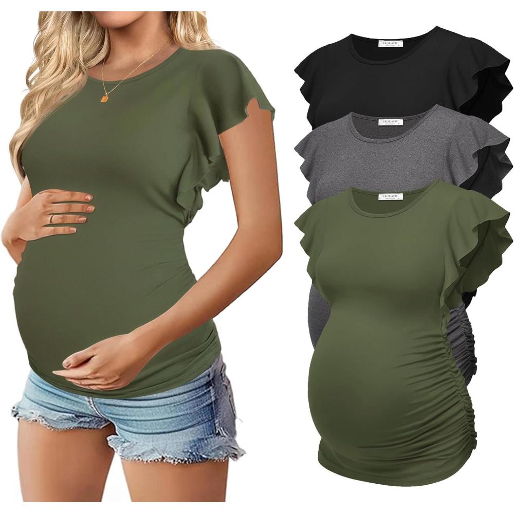 imageEkouaer Womens Maternity Shirts 3 Packs Flying Short Sleeve Pregnancy Tops Side Ruched Tunic Blouse Mama Clothes SXXLBlack Dark Grey Army Green3pcs