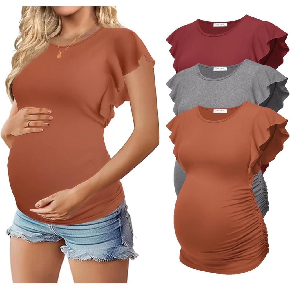 imageEkouaer Womens Maternity Shirts 3 Packs Flying Short Sleeve Pregnancy Tops Side Ruched Tunic Blouse Mama Clothes SXXLCaramel Grey Wine Red3pcs