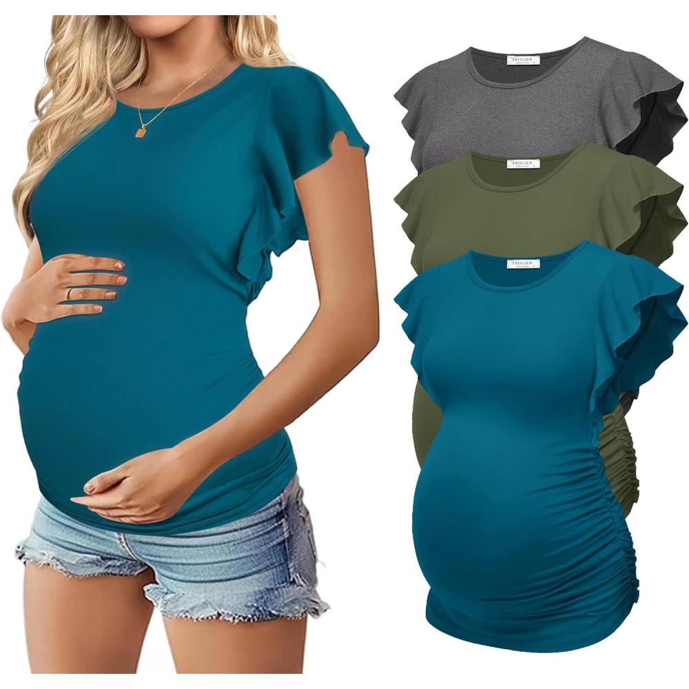 imageEkouaer Womens Maternity Shirts 3 Packs Flying Short Sleeve Pregnancy Tops Side Ruched Tunic Blouse Mama Clothes SXXLDark Grey Army Green Blue Green3pcs