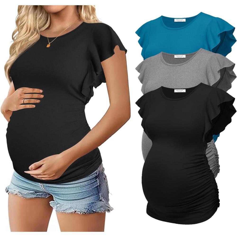 imageEkouaer Womens Maternity Shirts 3 Packs Flying Short Sleeve Pregnancy Tops Side Ruched Tunic Blouse Mama Clothes SXXLLake Blue Grey Black3pcs