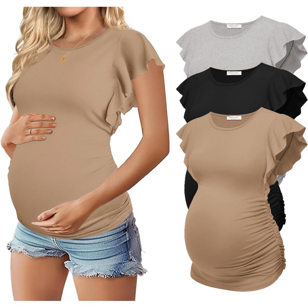 imageEkouaer Womens Maternity Shirts 3 Packs Flying Short Sleeve Pregnancy Tops Side Ruched Tunic Blouse Mama Clothes SXXLLight Grey Black Khaki3pcs