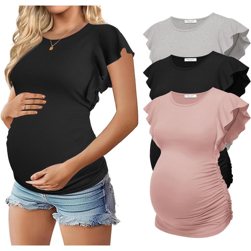 imageEkouaer Womens Maternity Shirts 3 Packs Flying Short Sleeve Pregnancy Tops Side Ruched Tunic Blouse Mama Clothes SXXLLight Grey Black Pink3pcs