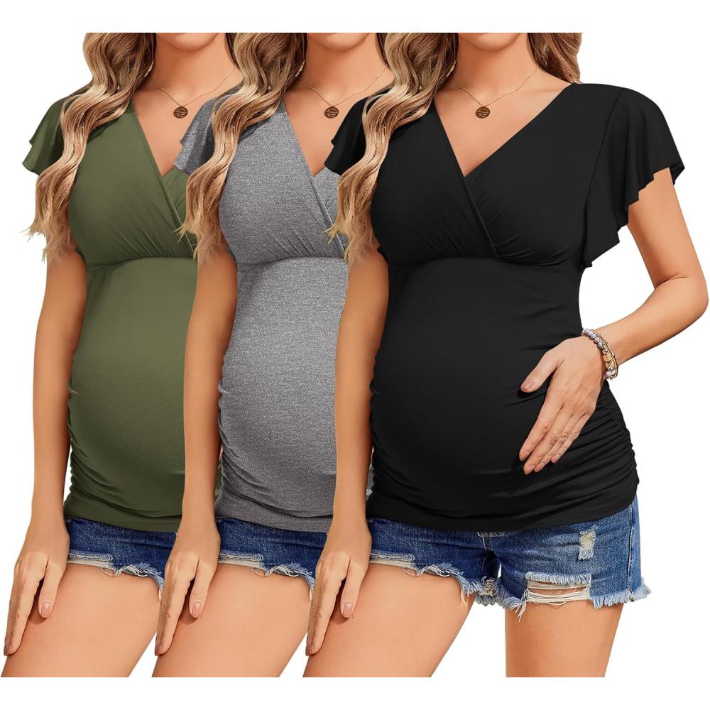 imageEkouaer Womens Maternity Shirts 3 Packs Nursing Tops Flying Short Sleeve Breastfeeding Tees Side Ruched Pregnancy ClothesArmy Green Grey Black3pcs