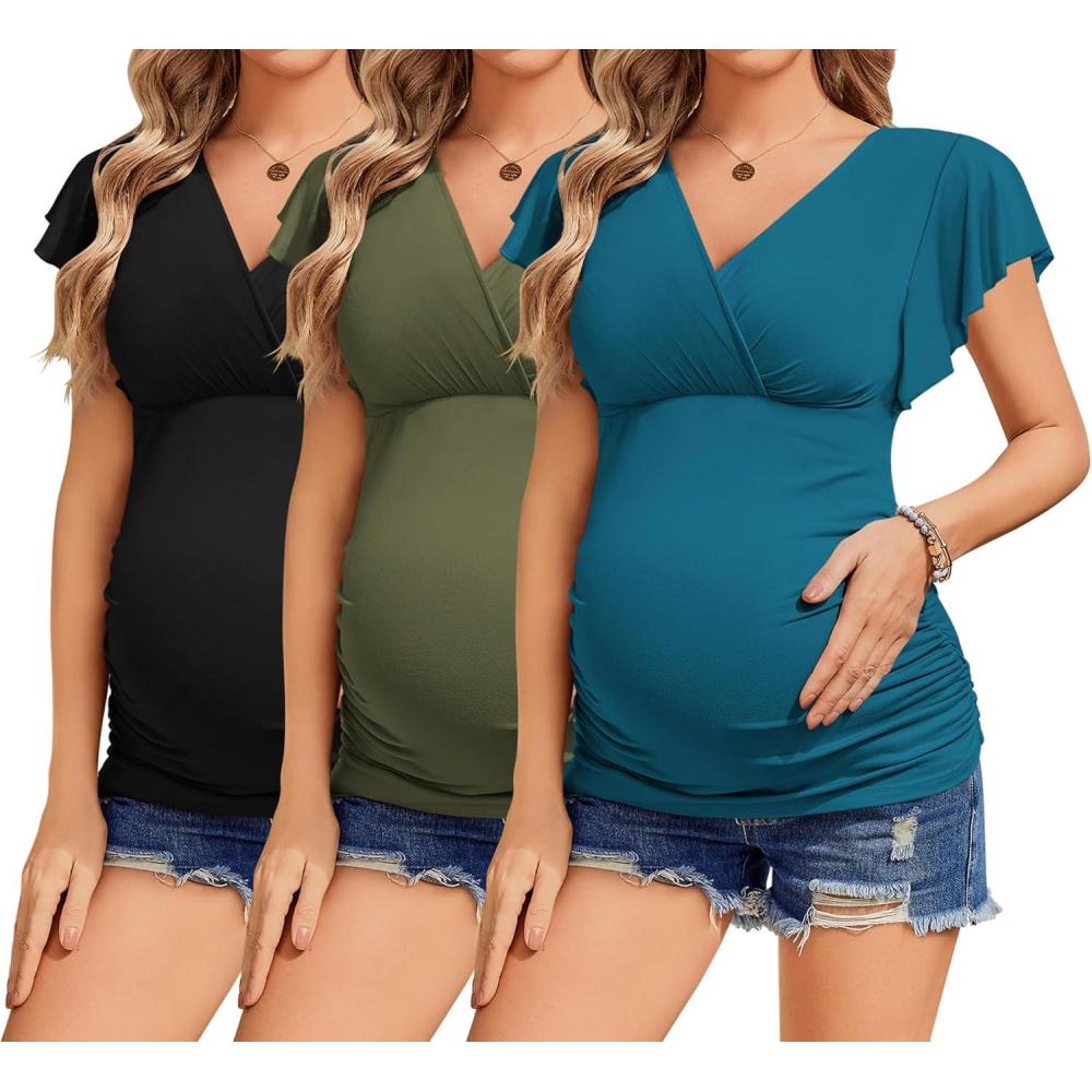 imageEkouaer Womens Maternity Shirts 3 Packs Nursing Tops Flying Short Sleeve Breastfeeding Tees Side Ruched Pregnancy ClothesBlack Army Green Blue Green3pcs
