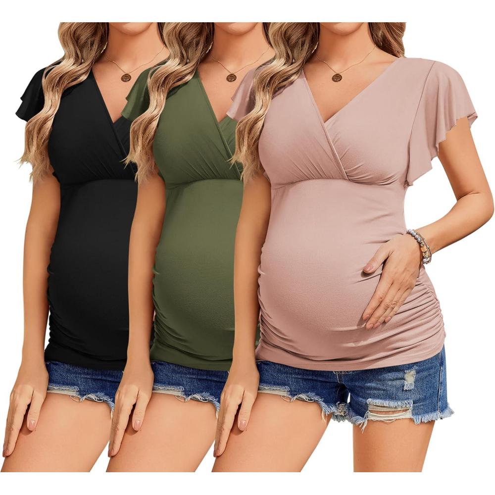 imageEkouaer Womens Maternity Shirts 3 Packs Nursing Tops Flying Short Sleeve Breastfeeding Tees Side Ruched Pregnancy ClothesBlack Pink Army Green3pcs