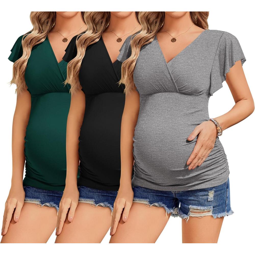imageEkouaer Womens Maternity Shirts 3 Packs Nursing Tops Flying Short Sleeve Breastfeeding Tees Side Ruched Pregnancy ClothesLake Green Black Grey3pcs