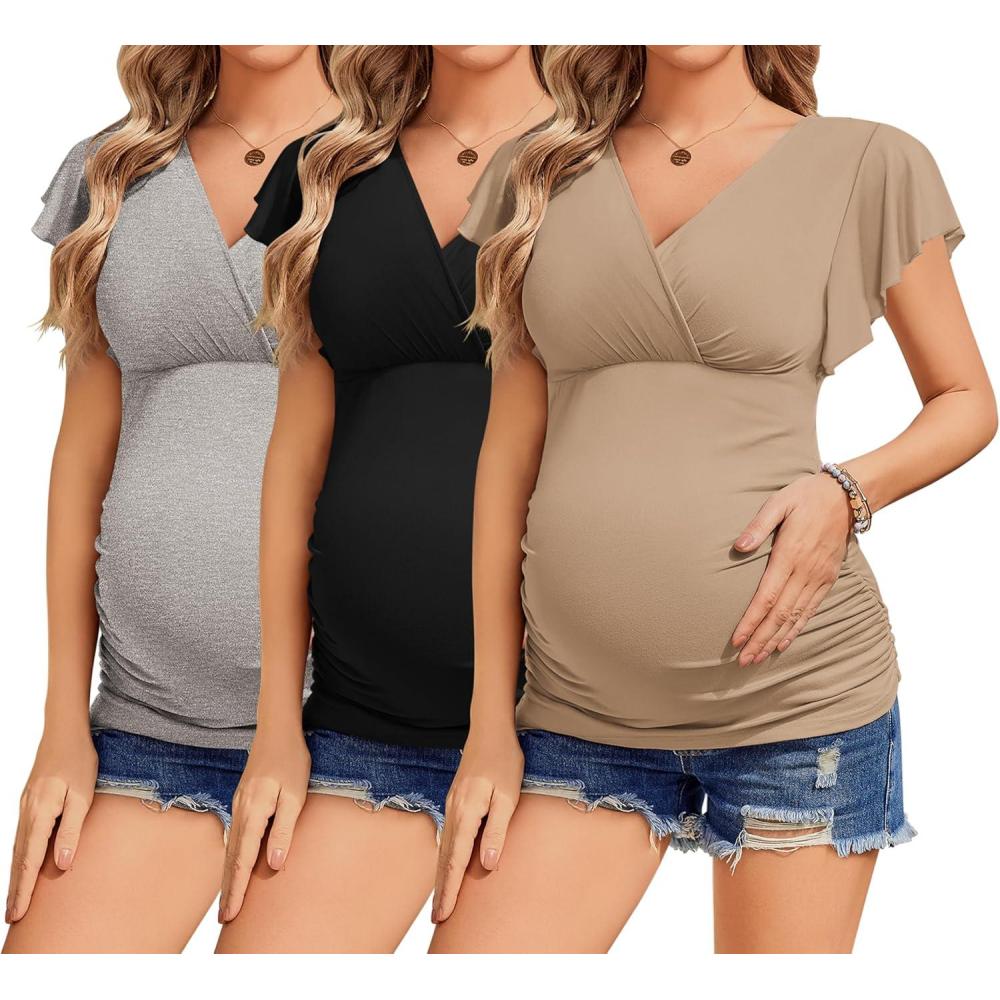 imageEkouaer Womens Maternity Shirts 3 Packs Nursing Tops Flying Short Sleeve Breastfeeding Tees Side Ruched Pregnancy ClothesLight Grey Black Khaki3pcs