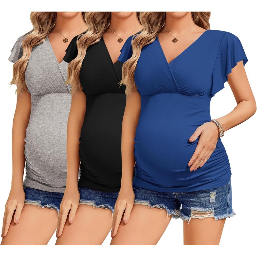 imageEkouaer Womens Maternity Shirts 3 Packs Nursing Tops Flying Short Sleeve Breastfeeding Tees Side Ruched Pregnancy ClothesLight Grey Black Navy3pcs